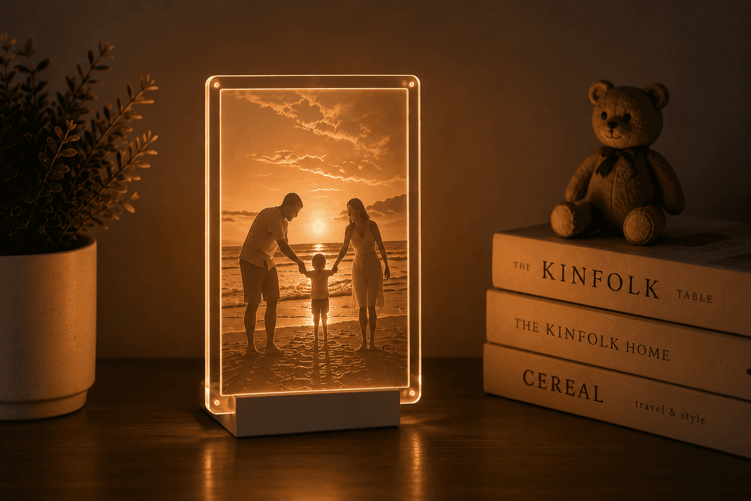 Personalized lithophane lamp glowing with a family memory